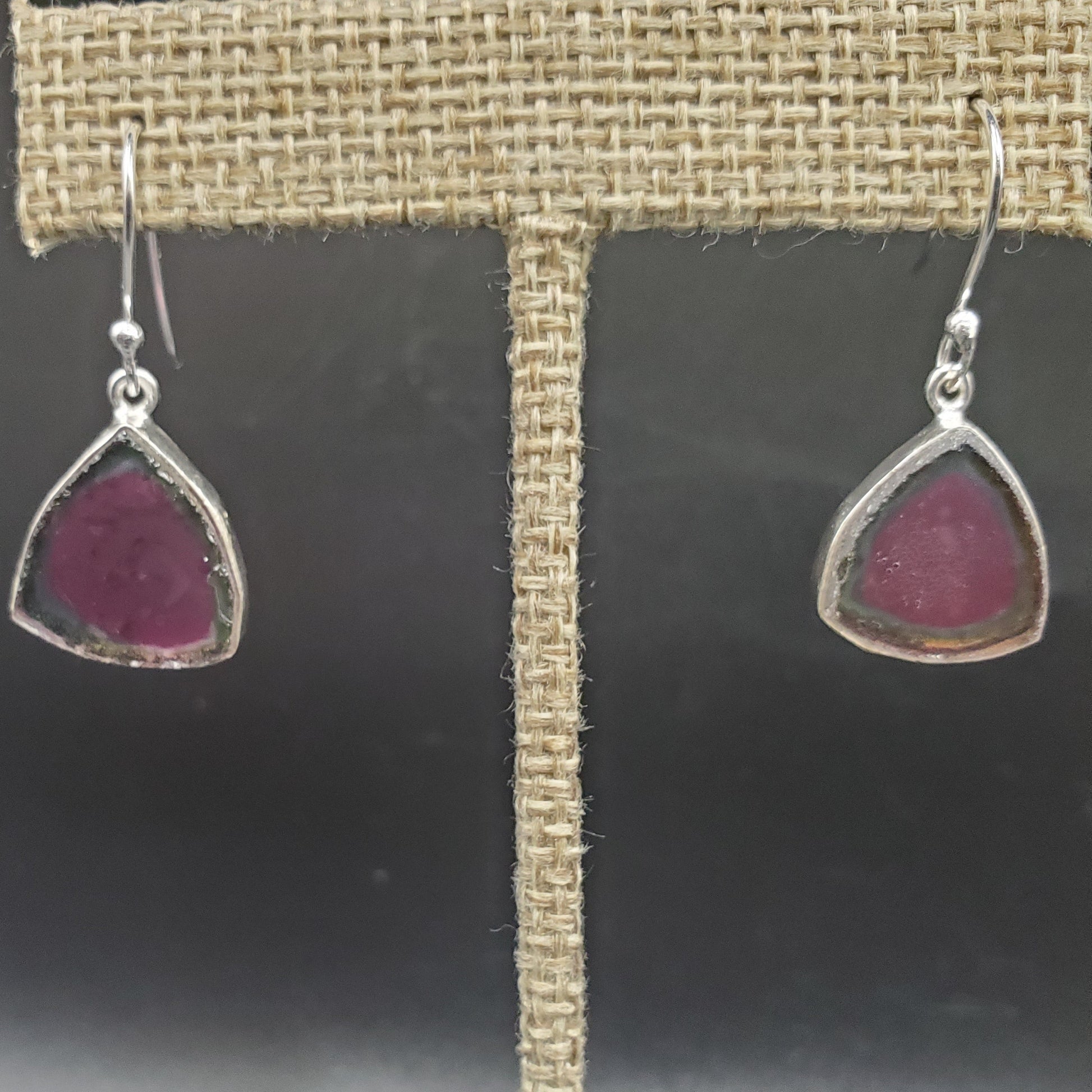 Sterling Silver Synthetic Watermelon Tourmaline  Slice Earrings.
