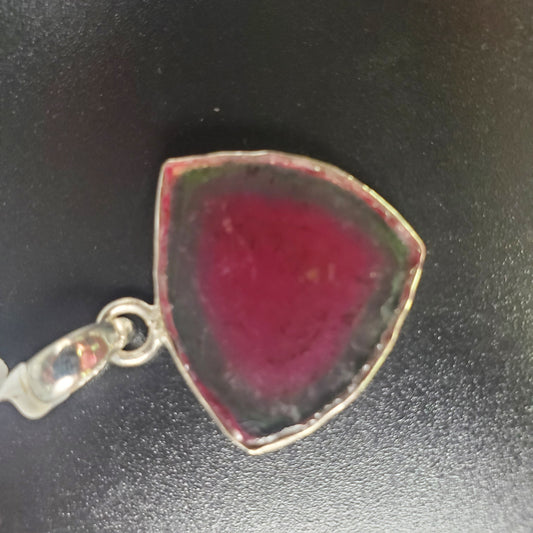 Sterling Silver Synthetic Watermelon Tourmaline Slice Pendant. 