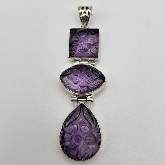 Sterling Silver Three Stone Carved Amethyst Pendant 2.5 inch.