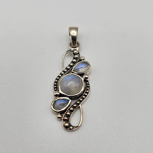 Sterling Silver Three Stone Moonstone Topaz Pendant 1.5 inch.