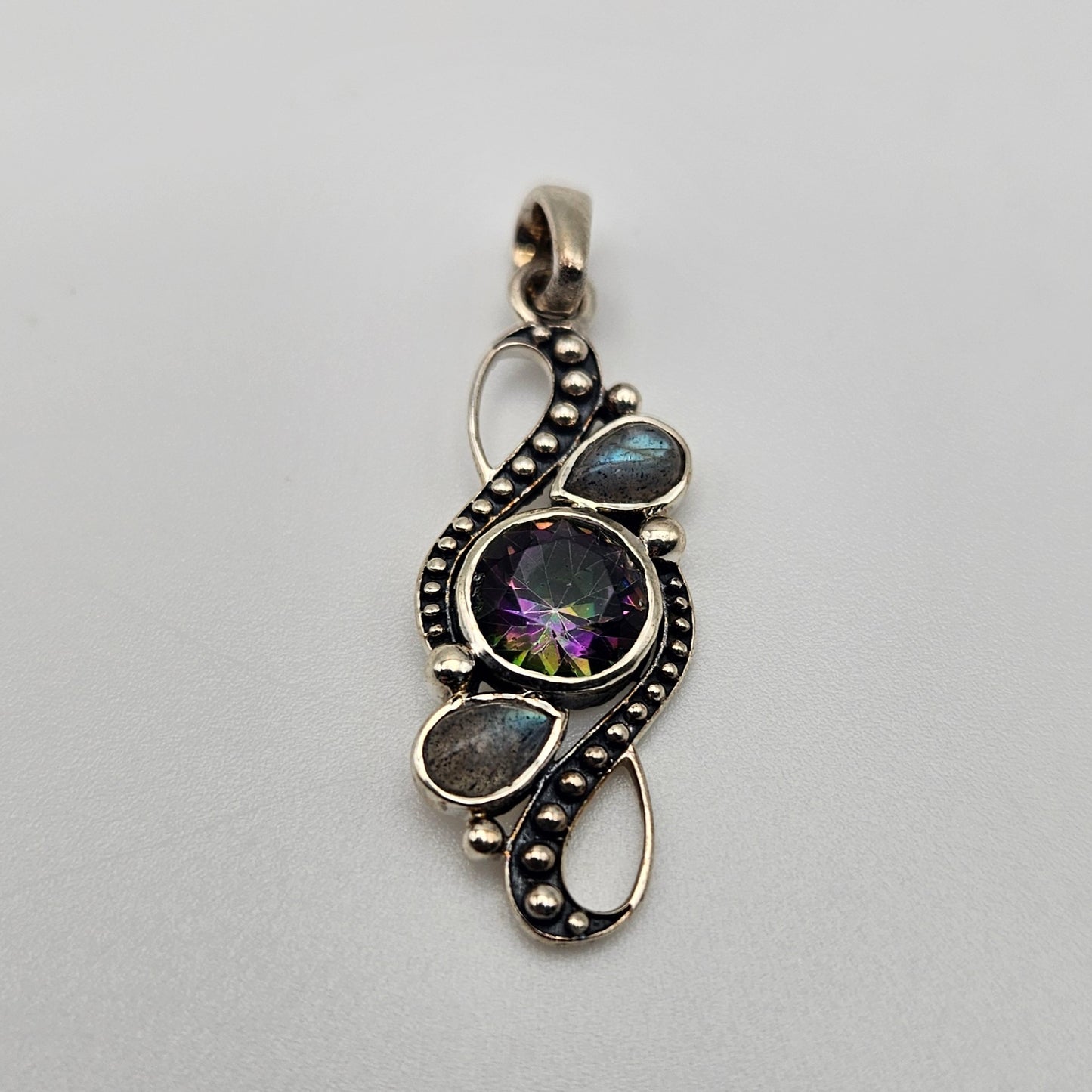 Sterling Silver Three Stone Mystic Topaz Pendant 1.5 inch.