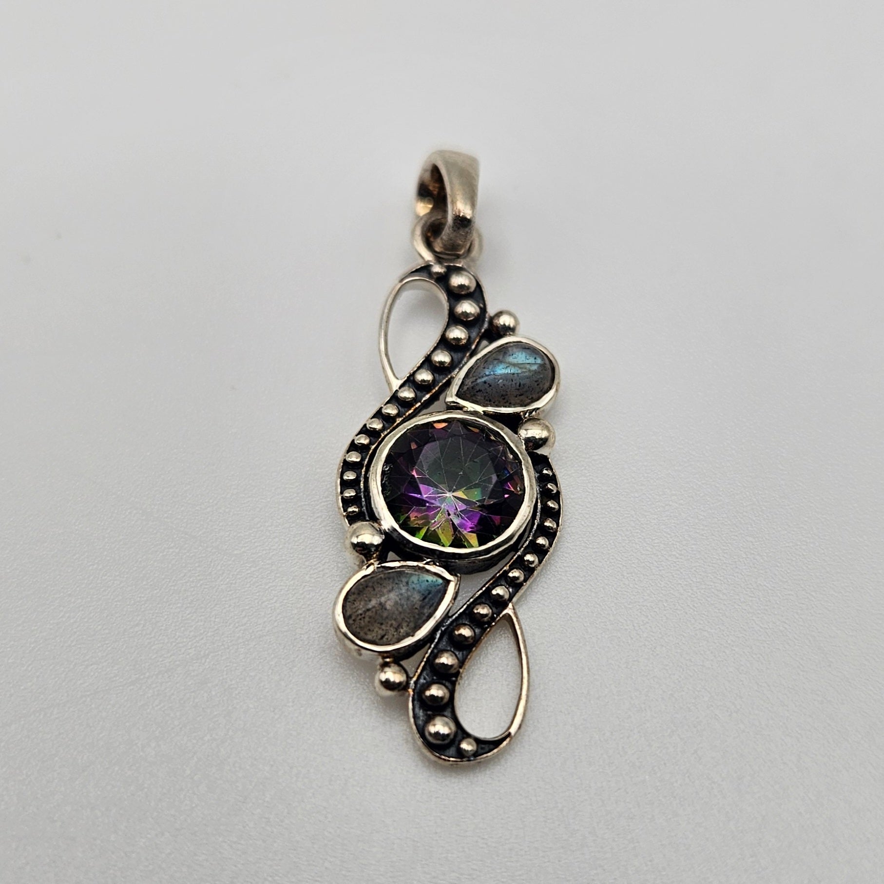 Sterling Silver Three Stone Mystic Topaz Pendant 1.5 inch.