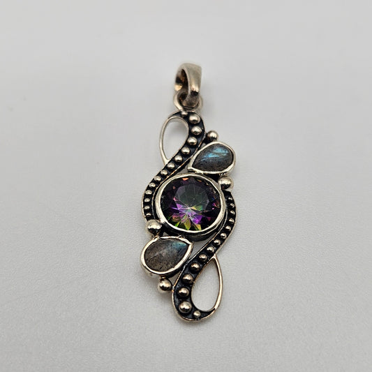 Sterling Silver Three Stone Mystic Topaz Pendant 1.5 inch.