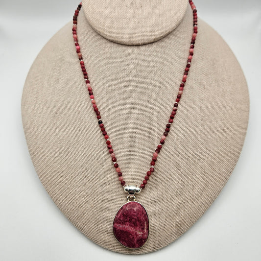 Sterling Silver Thulite Rhodonite Gemstone Necklace.