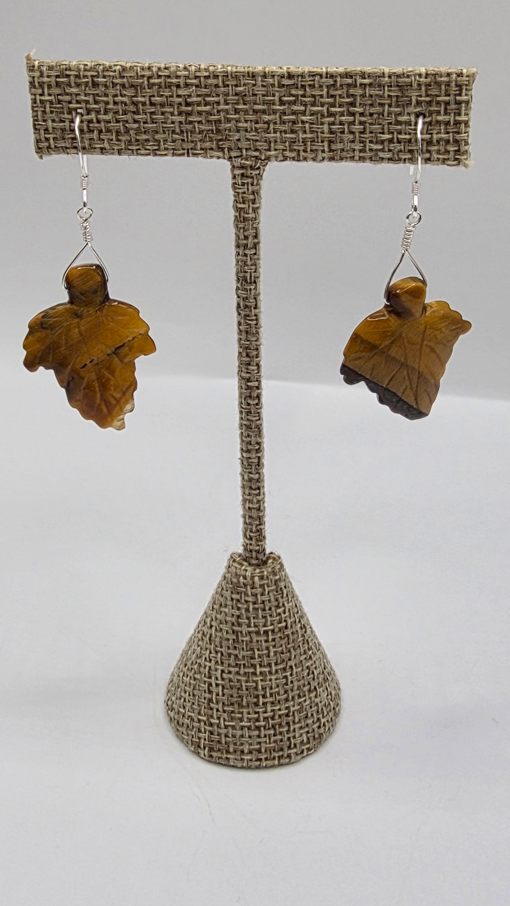 Sterling Silver Tigereye Leaf Wire Wrap Earrings.