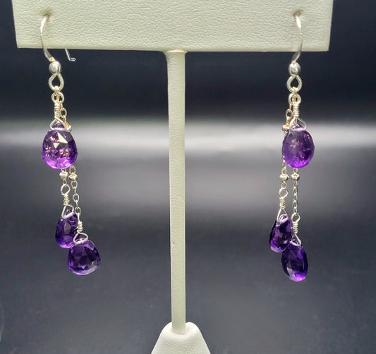 Sterling Silver Tripple Amethyst Earrings.