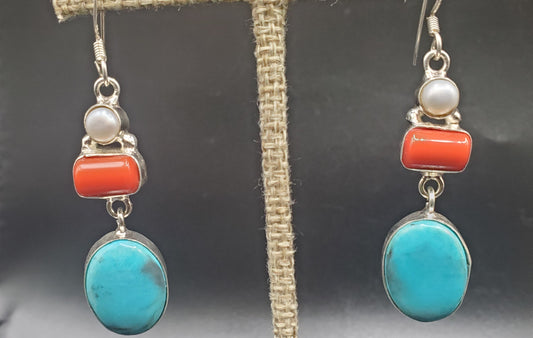 Sterling Silver Turquoise, Coral, And Pearl Earrings.