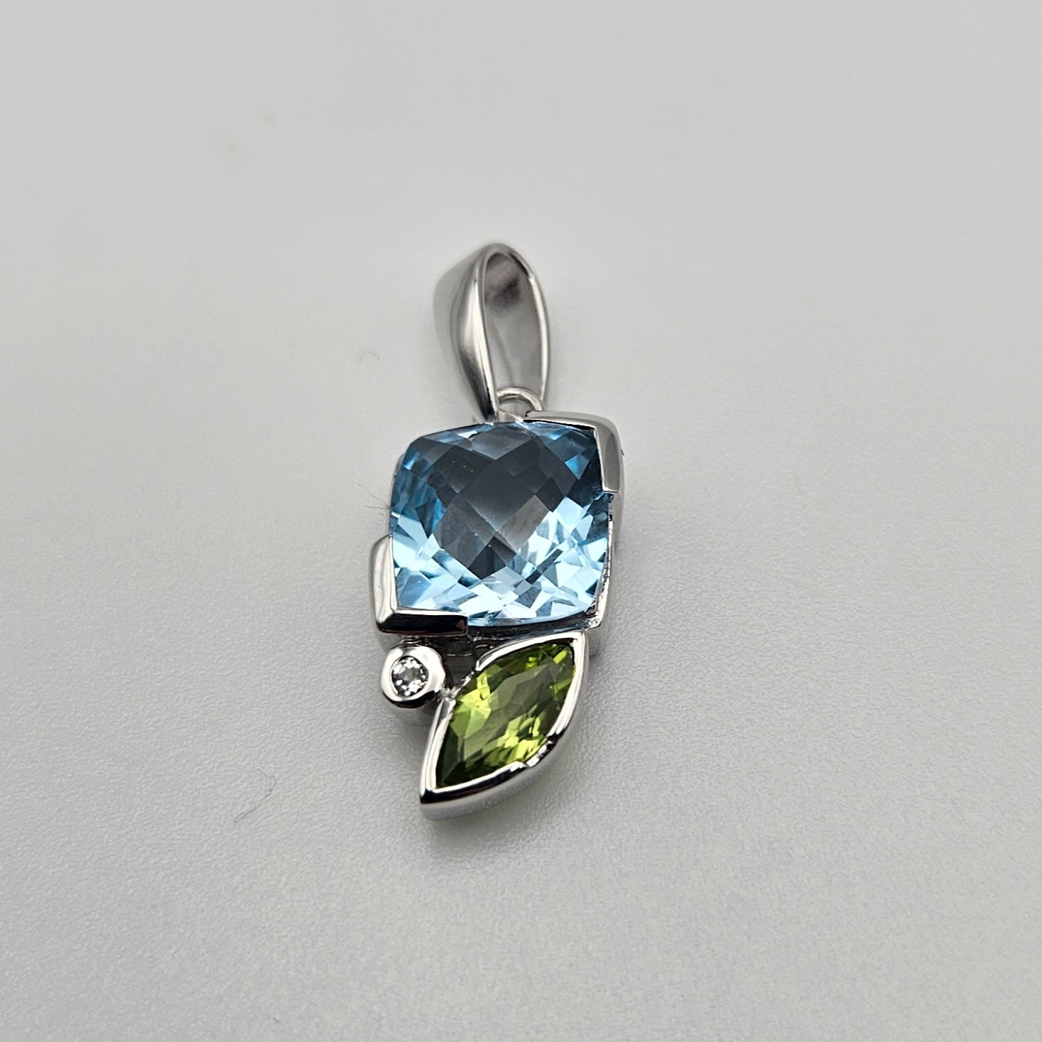 Sterling Silver Two Stone Blue Topaz Peridot Pendant 1 inch.
