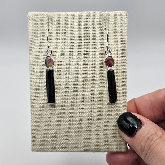 Sterling Silver Watermelon Tourmaline Two Stone Earrings 1.25 inch.