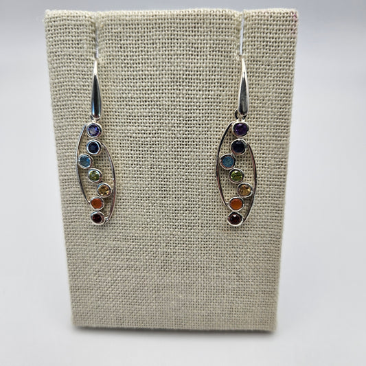 Sterling Silver Zig Zag Seven Chakra Stone Earrings 1 inch.