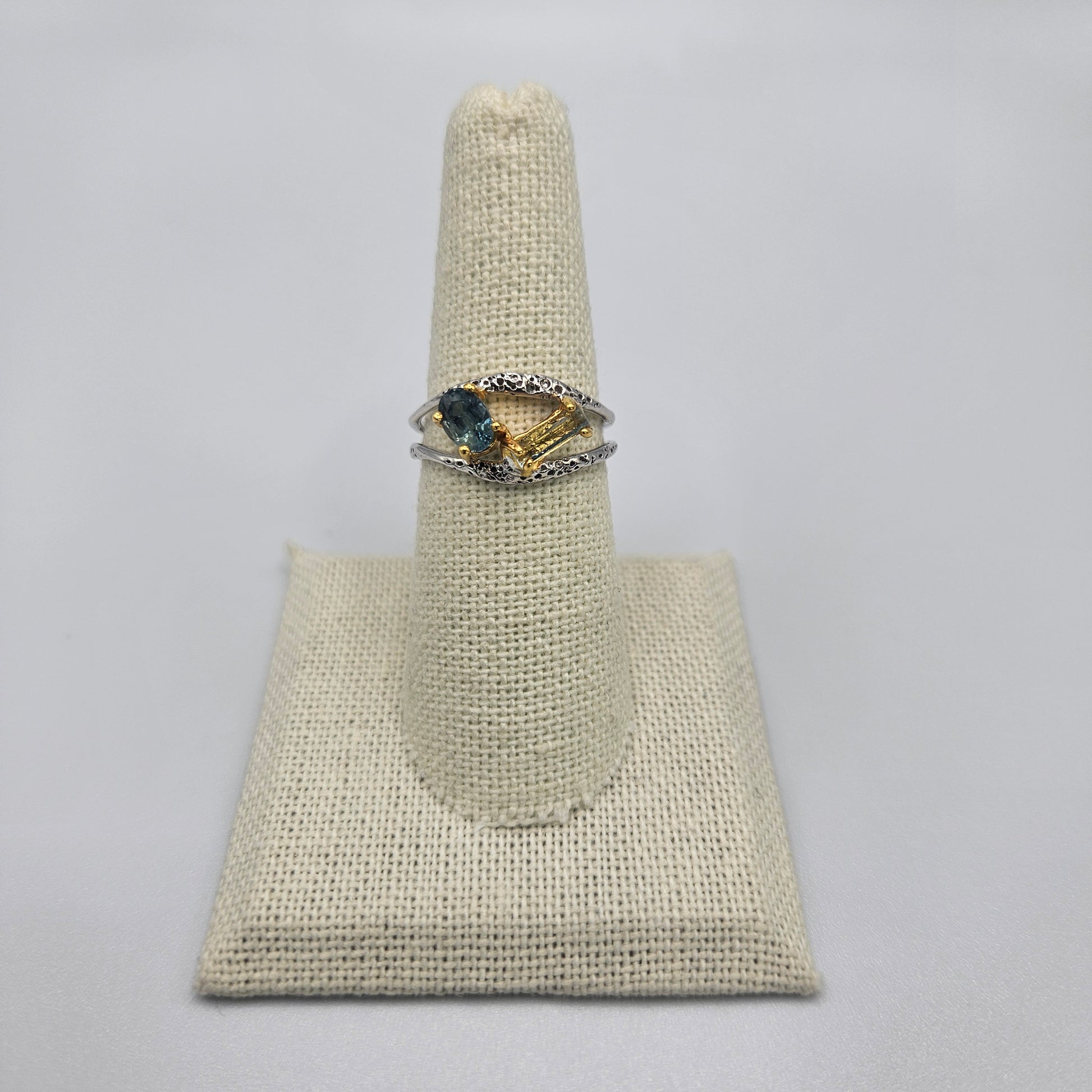 Sterling Silver with Rhodium Yellow Gold Aquamarine Sapphire Ring Size 7.