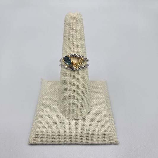 Sterling Silver with Rhodium Yellow Gold Aquamarine Sapphire Ring Size 7.