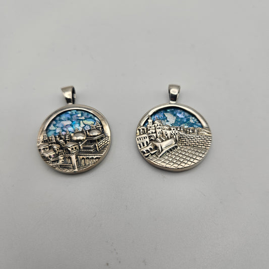 Sterling Silver Roman Glass Round Cityscape Pendant.