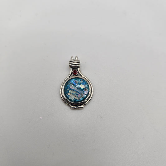 Sterling Silver Roman Glass Round with Red Stone Pendant.