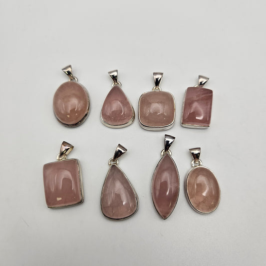 Sterling Silver Small Rose Quartz Bezel Pendant.