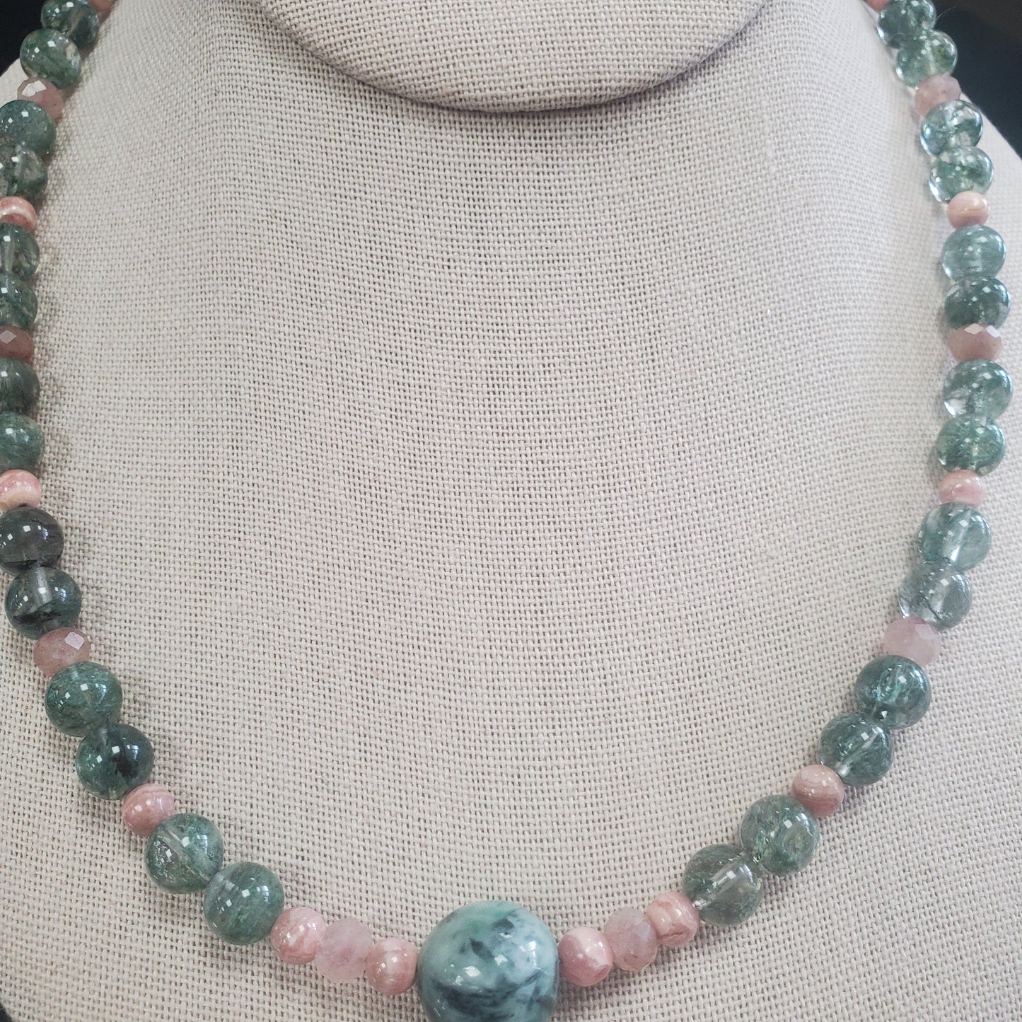 Strawberry Quartz, Rhodochrosite, Jade Bead Necklace. 