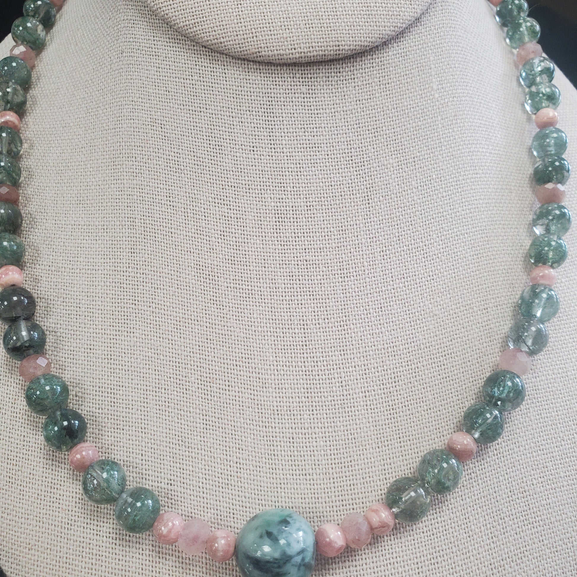 Strawberry Quartz, Rhodochrosite, Jade Bead Necklace. 