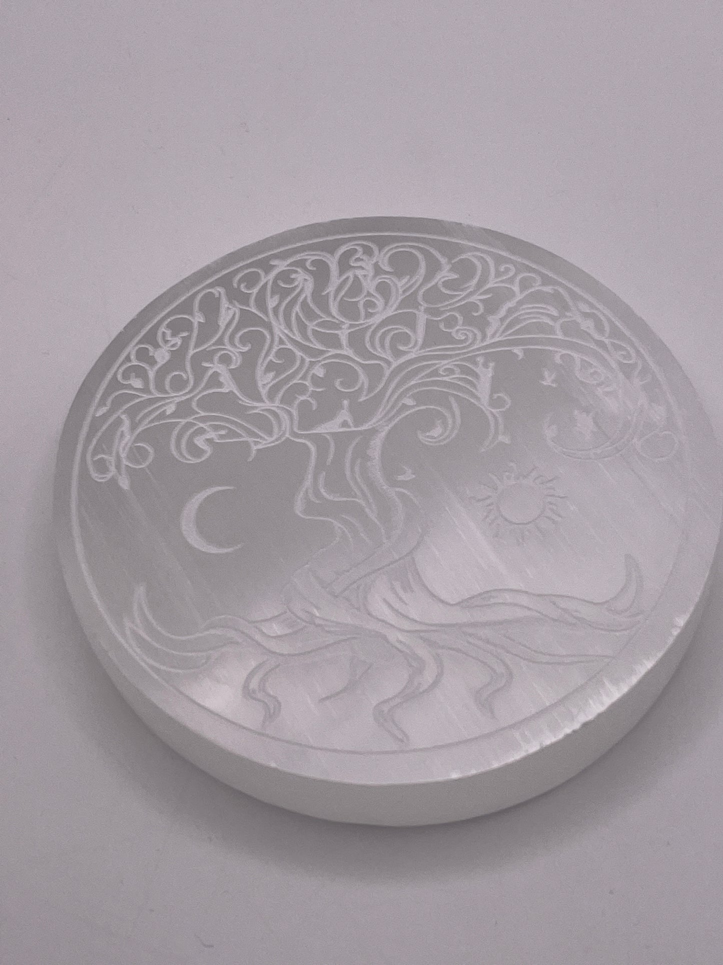 Sun and Moon Tree Of Life Selenite Charging Plate.