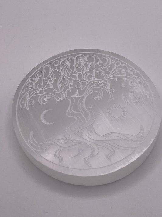 Sun and Moon Tree Of Life Selenite Charging Plate.