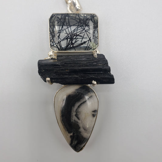 Tourmalated Quartz, Tourmaline  & Agate Pendant.