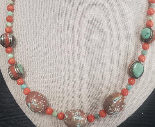 Turquoise, Coral, Opal, Agate and Jasper Beaded Necklace.