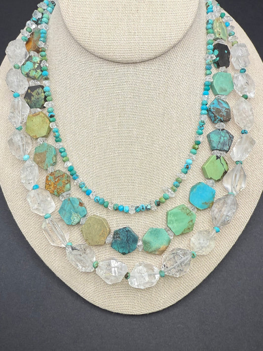 Turquoise Herkimer Diamond 3 Strand Necklace with sterling silver clasp.