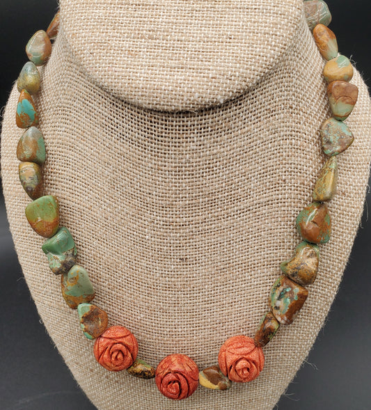 Turquoise Necklace with Sponge Coral Roses. 