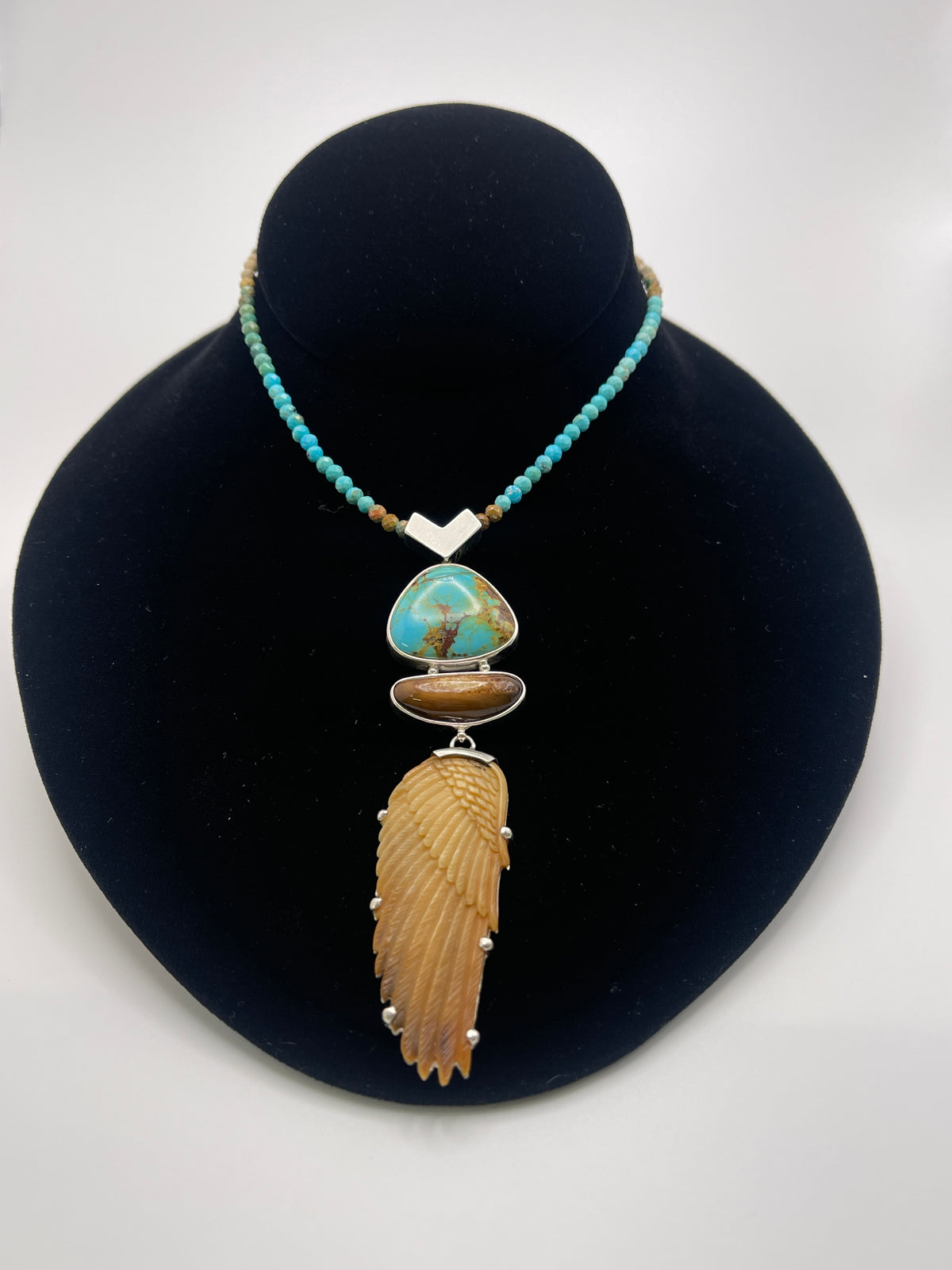 Turquoise and Ivory Carved Feather Necklace Sterling Silver.