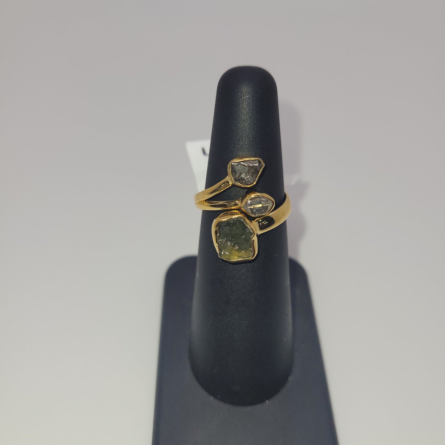 Unique 18k Vermeil Plated Sterling Silver Moldavite Pakimer Diamond Meteorite Camp Wrap Ring.