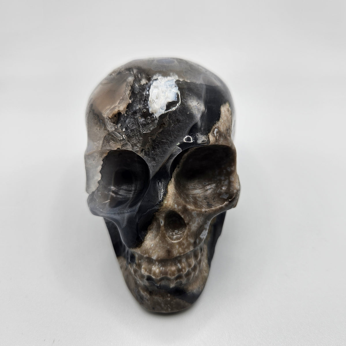 Volcano Agate Gemstone Skull 5 inch.