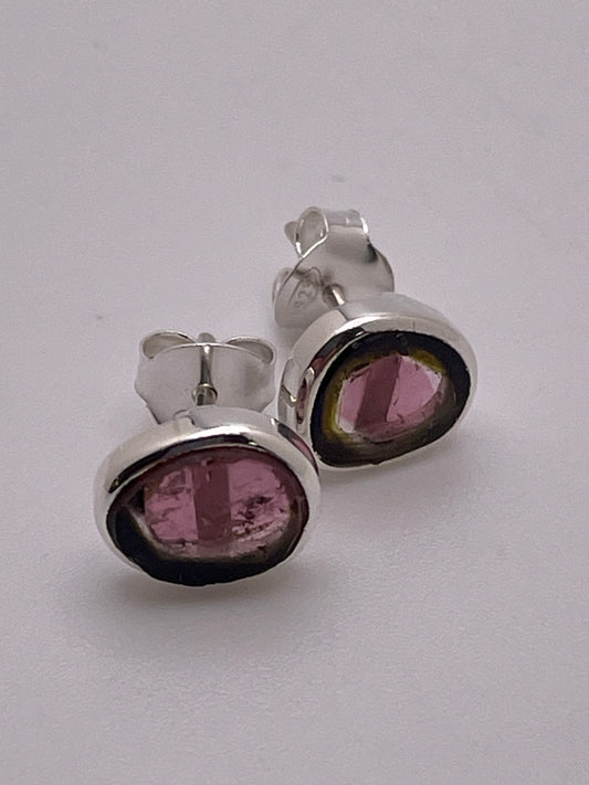 Watermelon Tourmaline Round Sterling Silver Stud Earrings.