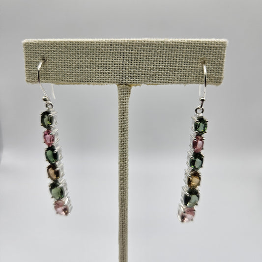 Watermelon Tourmaline Six Stone Sterling Silver Faceted Dangle Earrings.