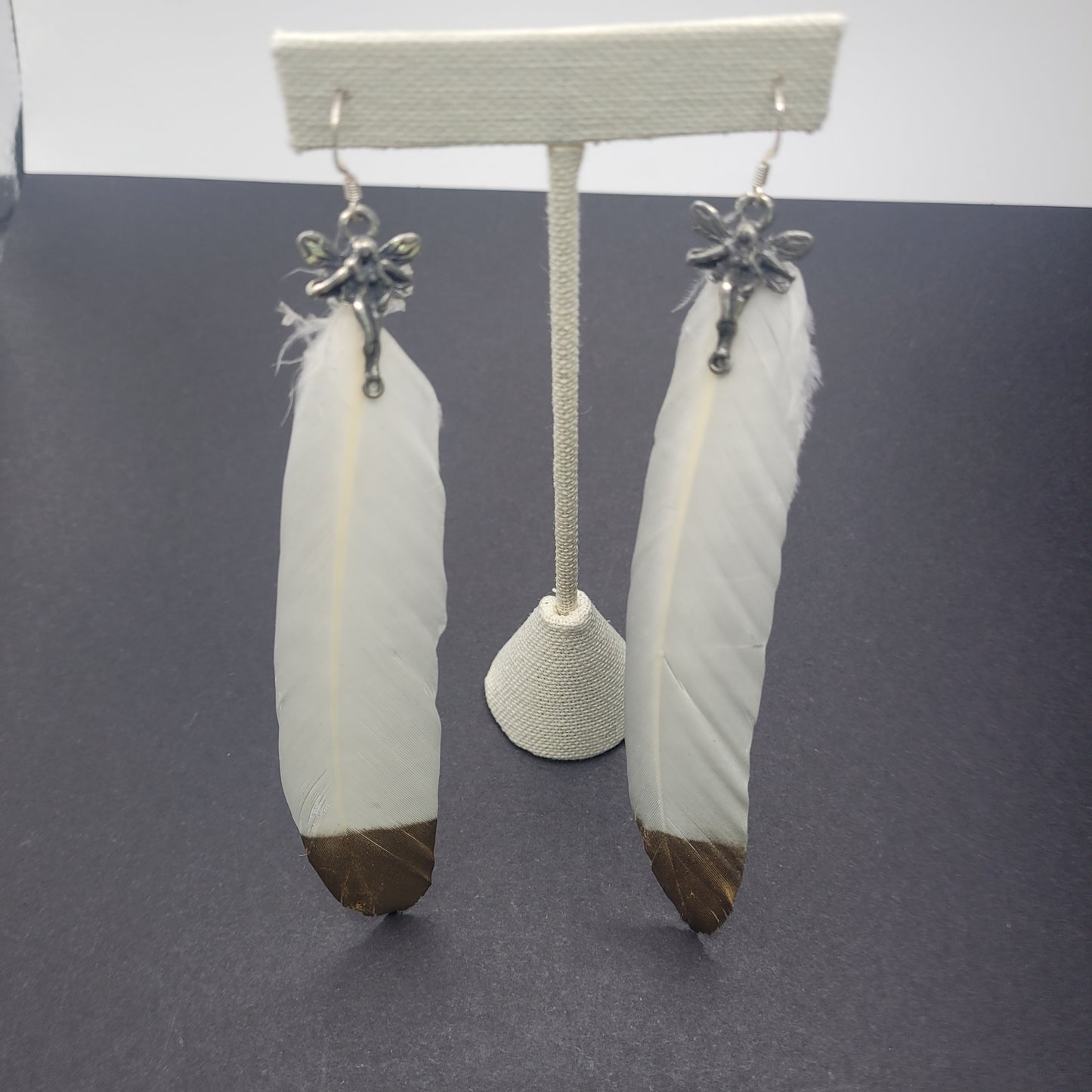 White and Gold Feather Earrings Silver Plated.