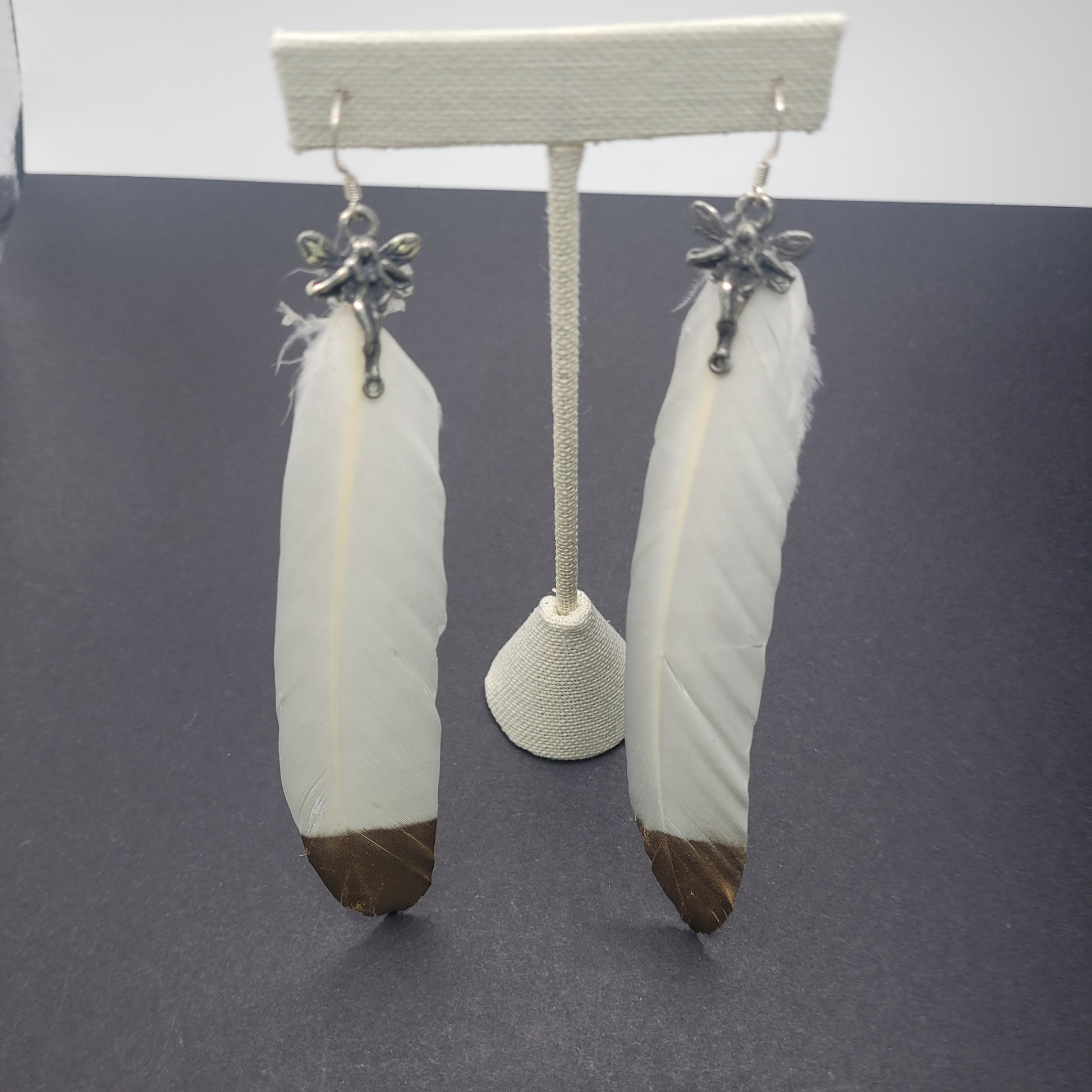 White and Gold Feather Earrings Silver Plated.