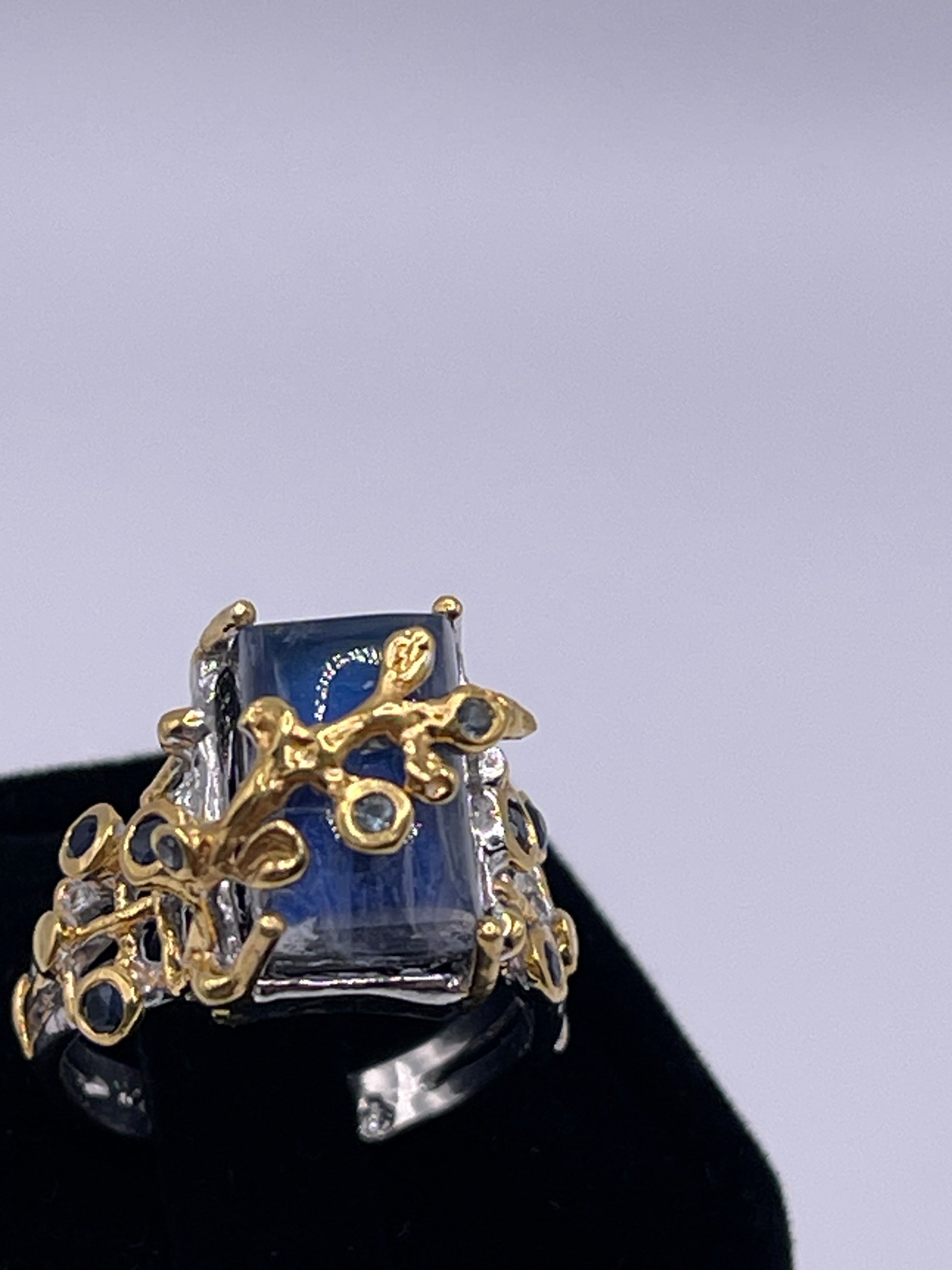 Spectrolite Emerald Cut in Sapphire Oraganic Design Sterling Silver Vermeil Ring Size 6