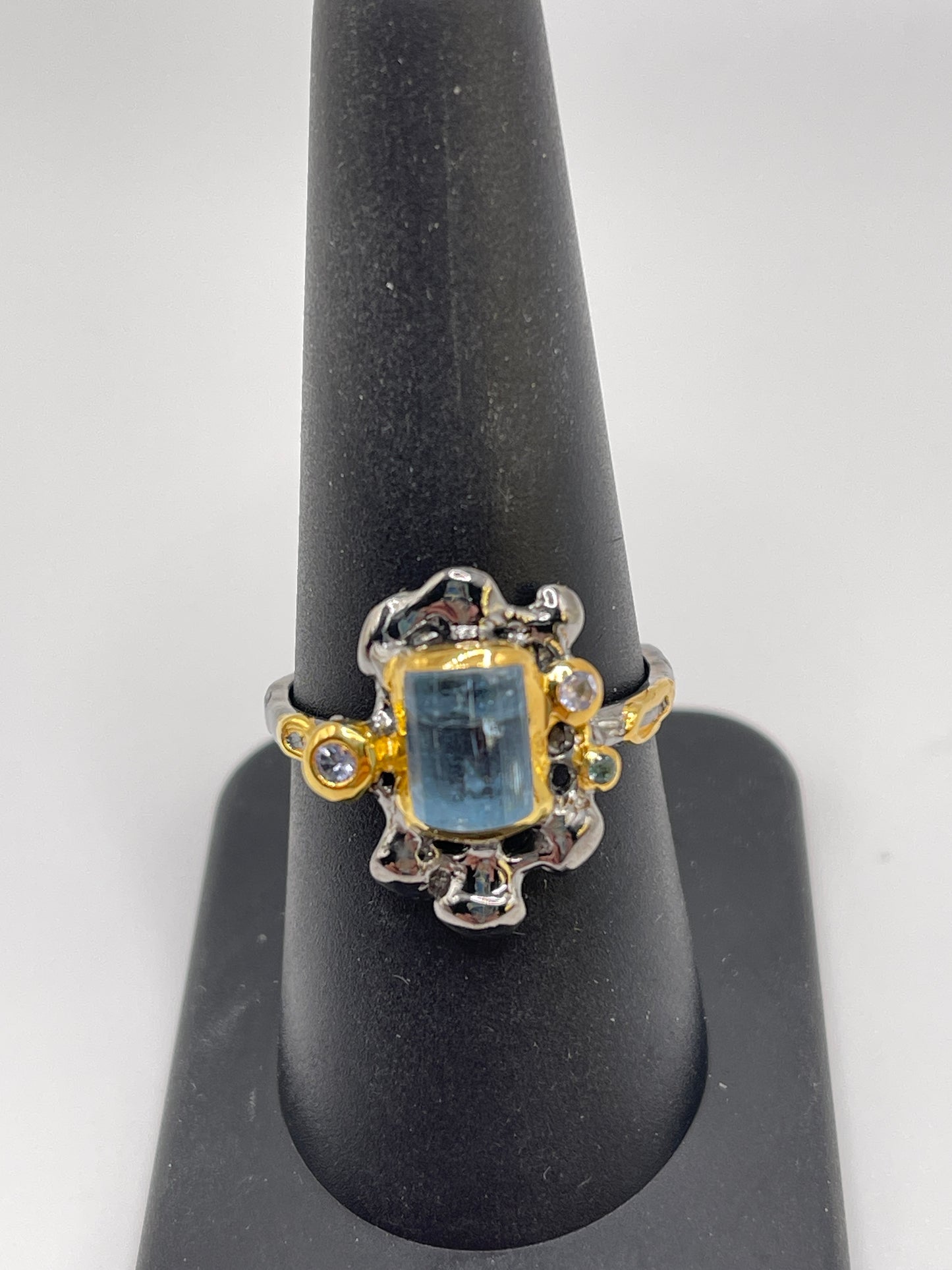 Aquamarine Rough with Tanzanite, Blue Sapphire Sterling Silver Vermeil Drip Ring size 7.5