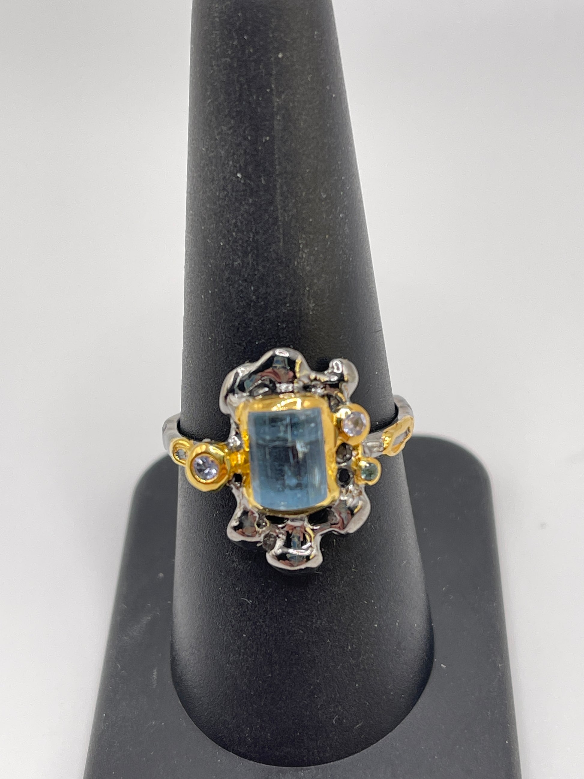 Aquamarine Rough with Tanzanite, Blue Sapphire Sterling Silver Vermeil Drip Ring size 7.5