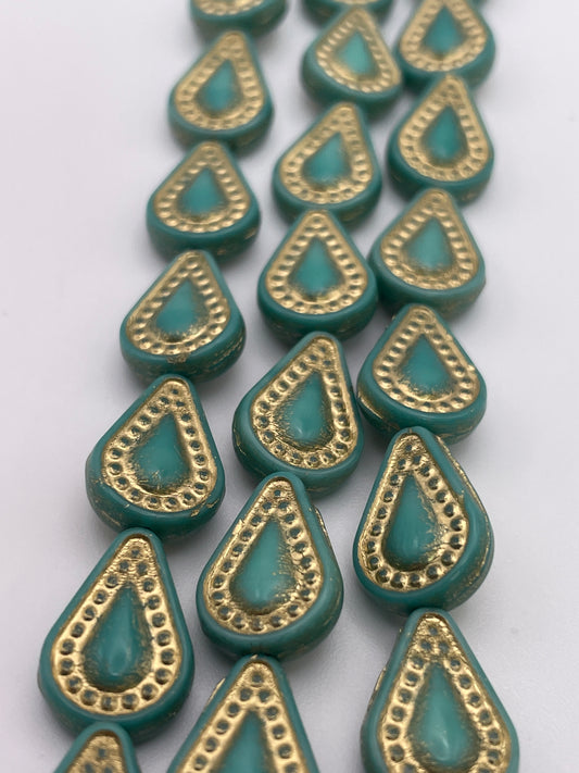 8mm Gold & Teal Teardrop Czech Bead Strand