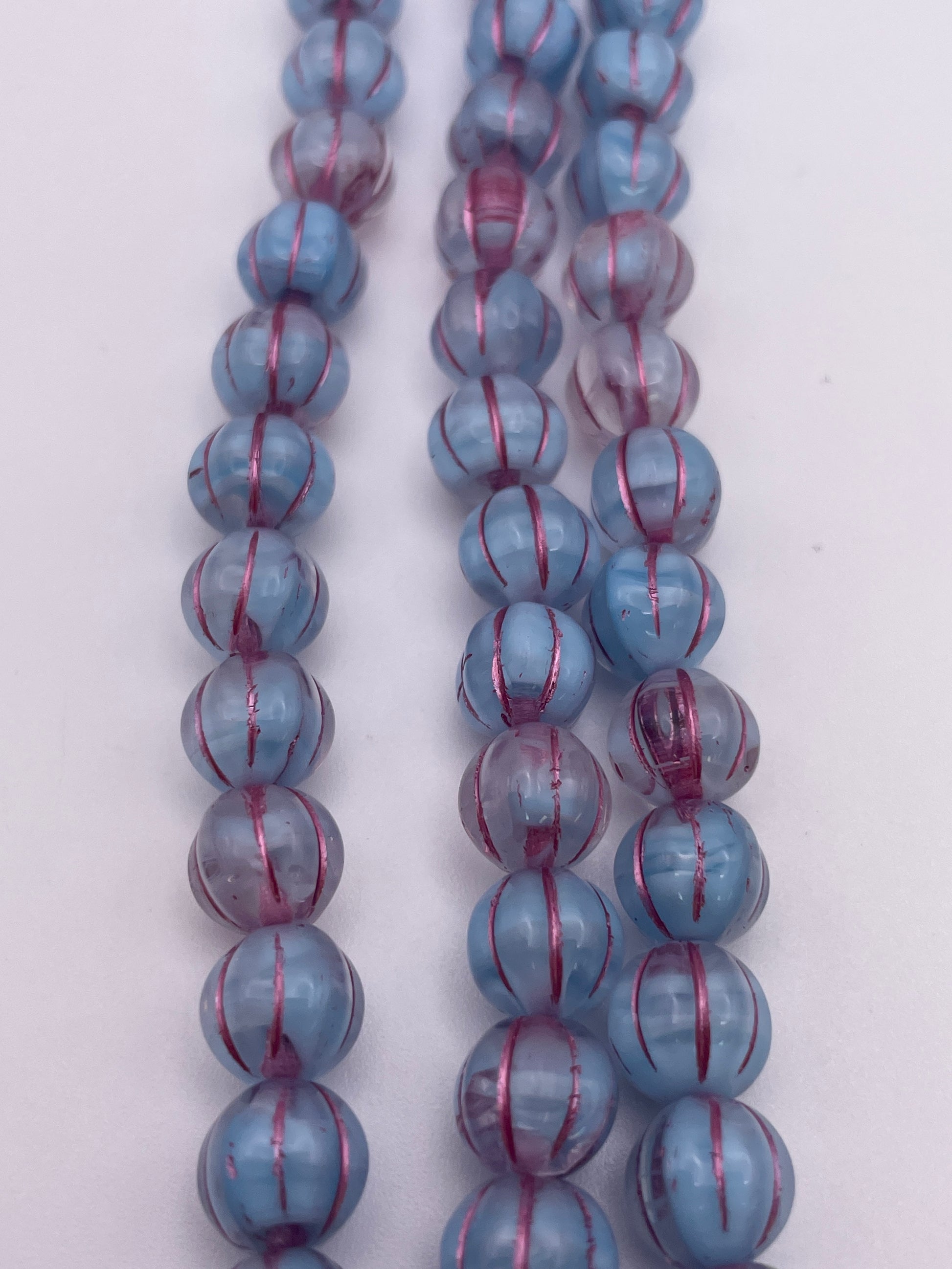 7mm Pink & Blue Corrugated Czech Bead Strand
