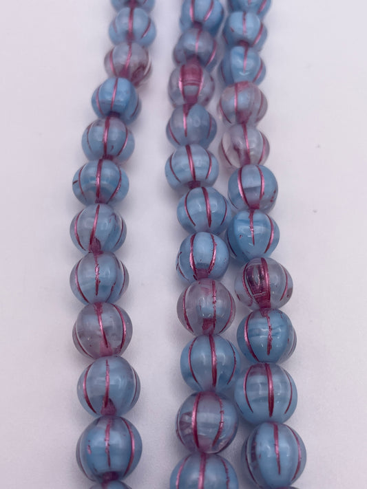 7mm Pink & Blue Corrugated Czech Bead Strand