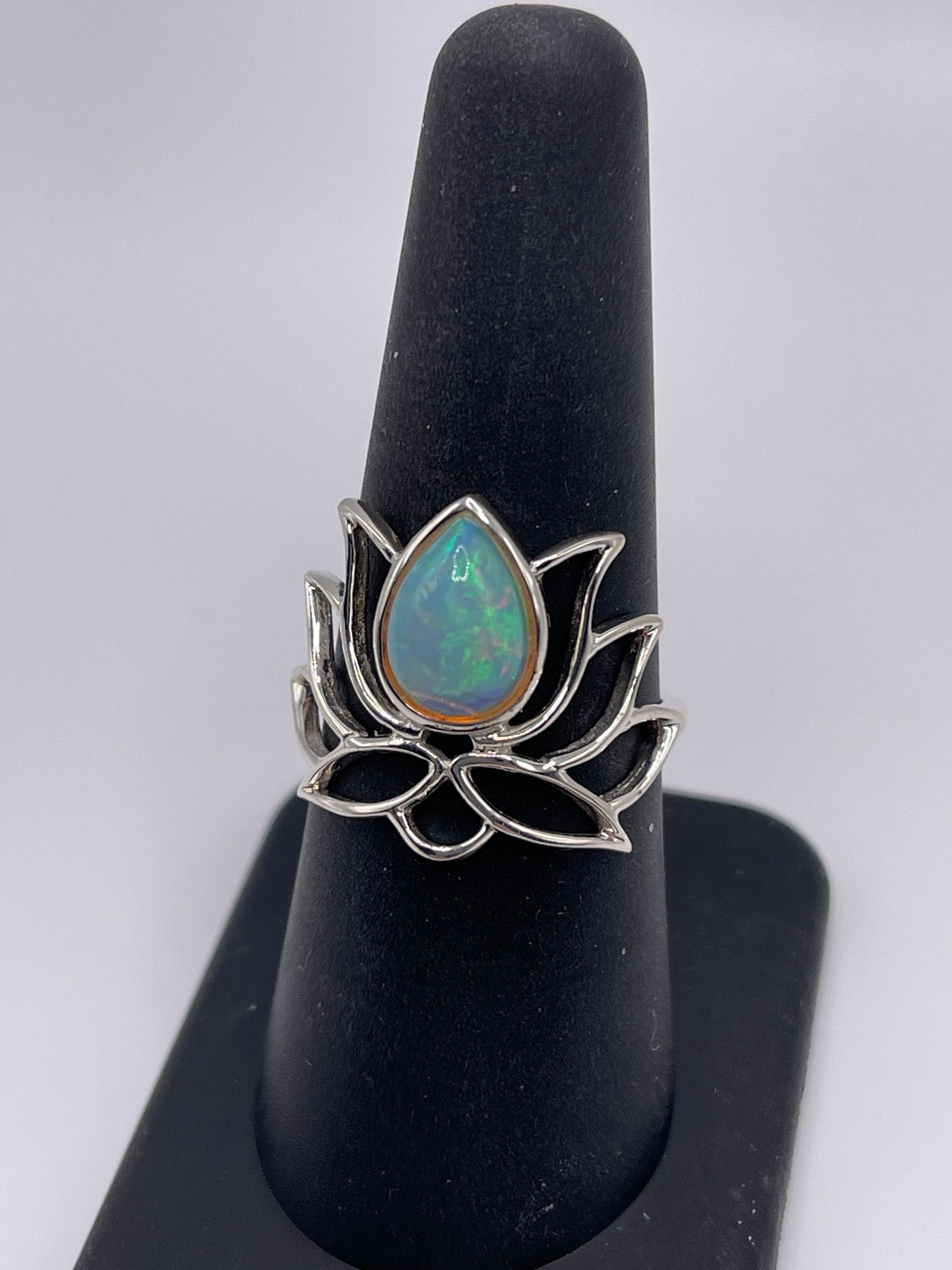 Ethiopian Opal Lotus Sterling Silver Ring Size 8