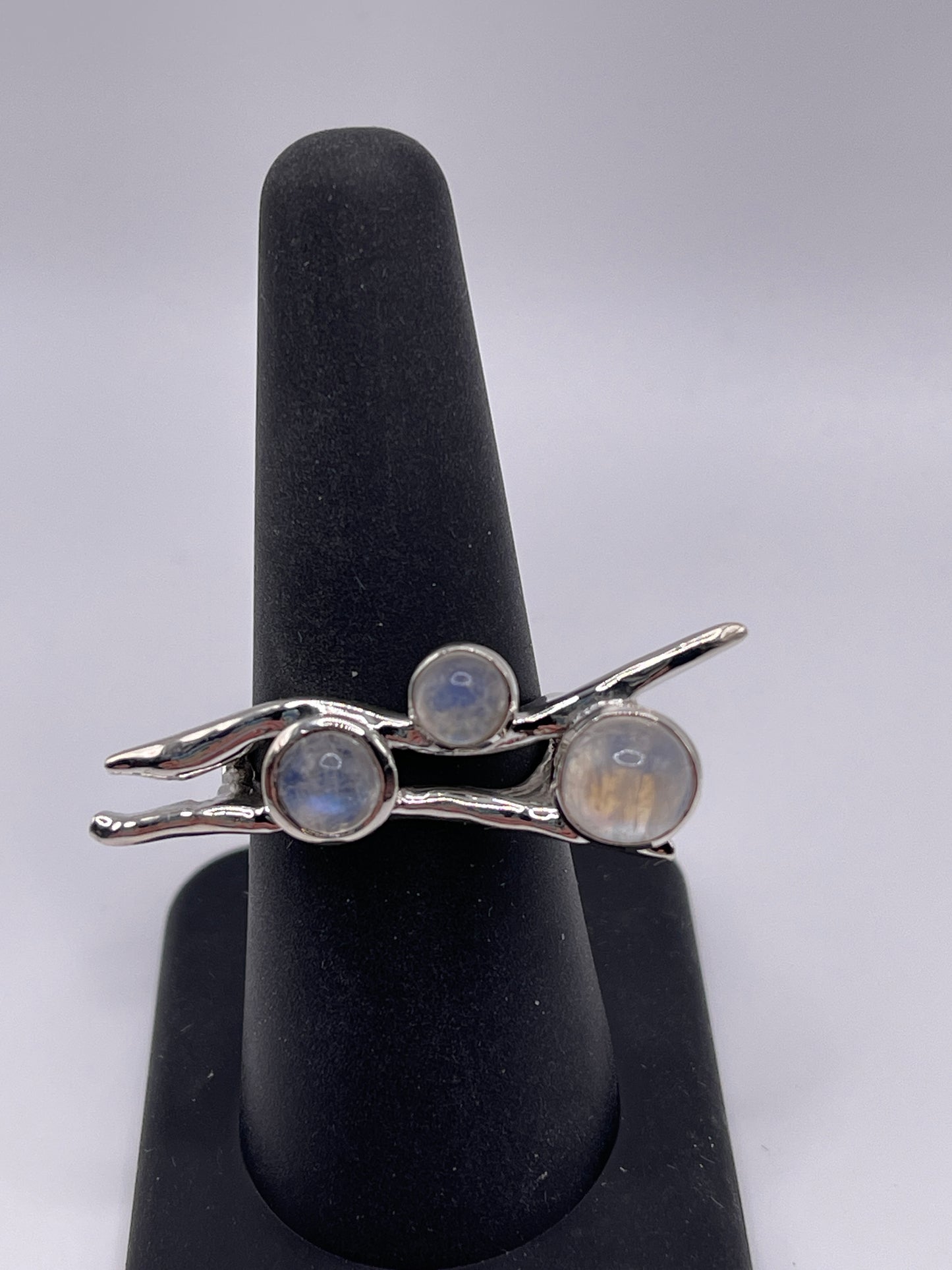 Moonstone Triple Stone Sterling Silver Stick Art Ring size 8