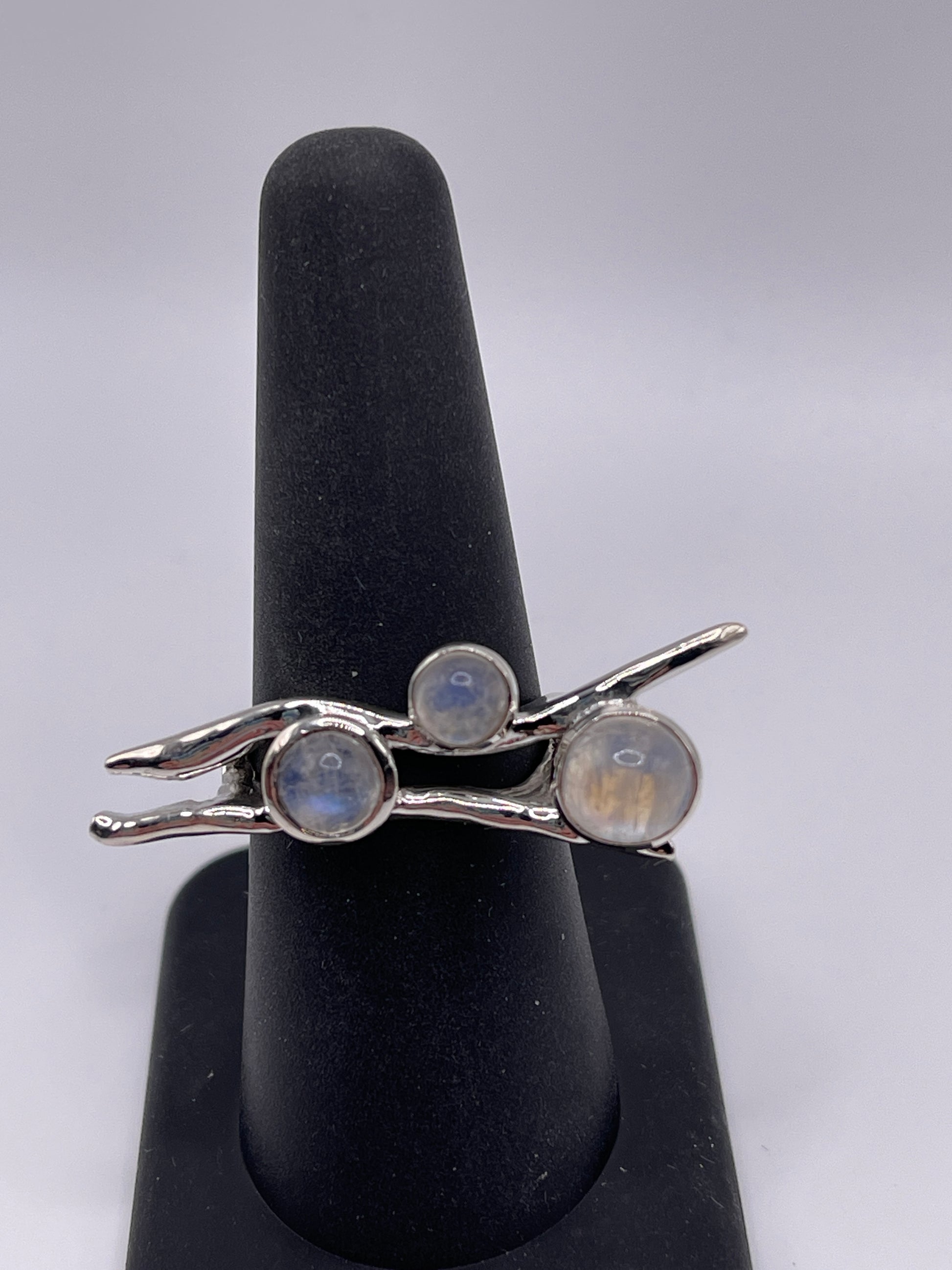 Moonstone Triple Stone Sterling Silver Stick Art Ring size 8