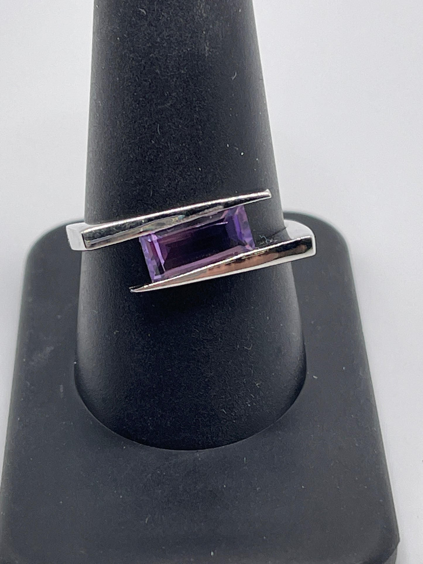 Amethyst Rectangle Art Sterling Silver Ring Size 10