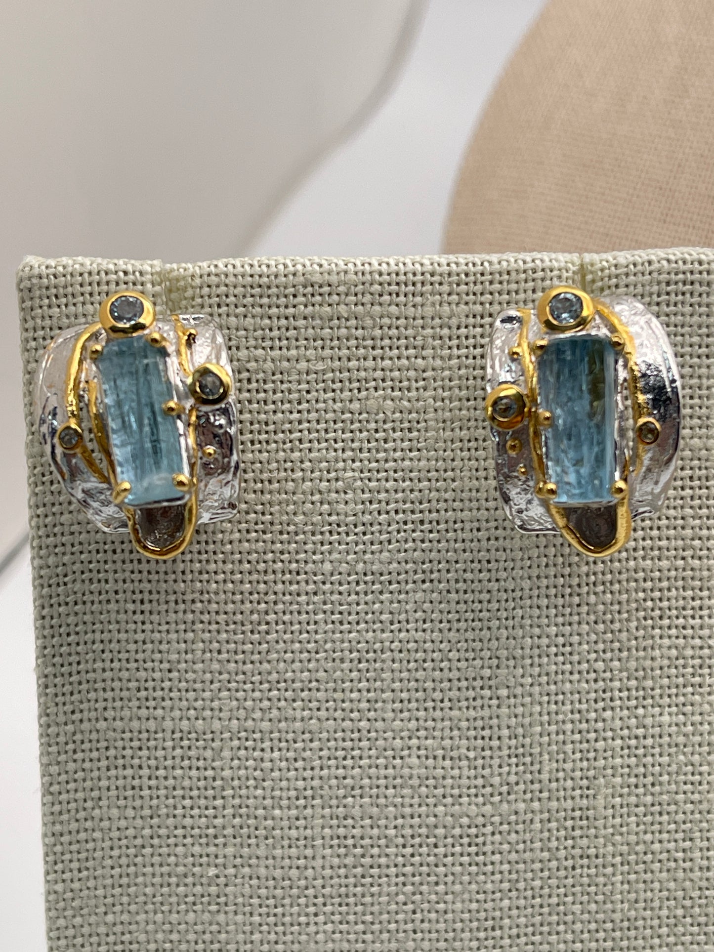 Rough Aquamarine and Blue Topaz Earrings and Necklace Set Sterling Silver with Vermeil