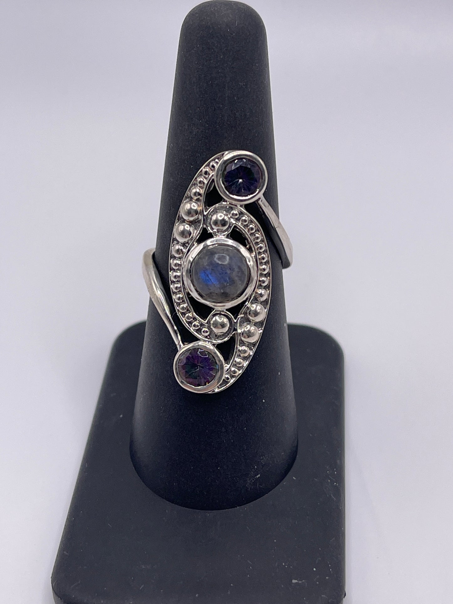 Labradorite Amethyst Dot Sterling Silver Ring Size 7