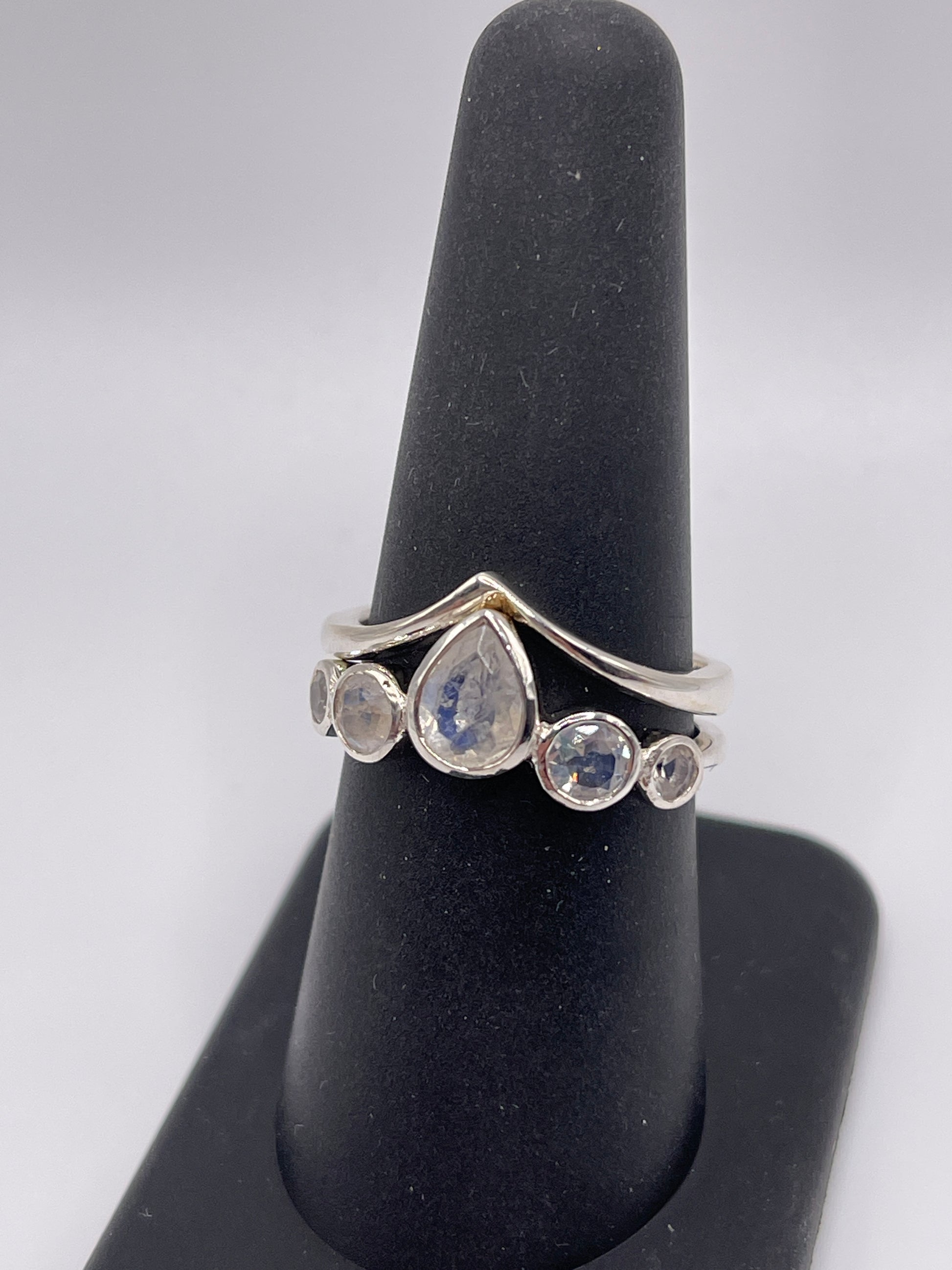 Moonstone Drop Five Stone With Halo Double Band Sterling Silver Ring Size 8