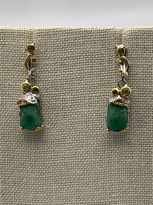 Rough Emerald with Peridot and Chrome Diopside Sterling Silver Rhodium Earrings