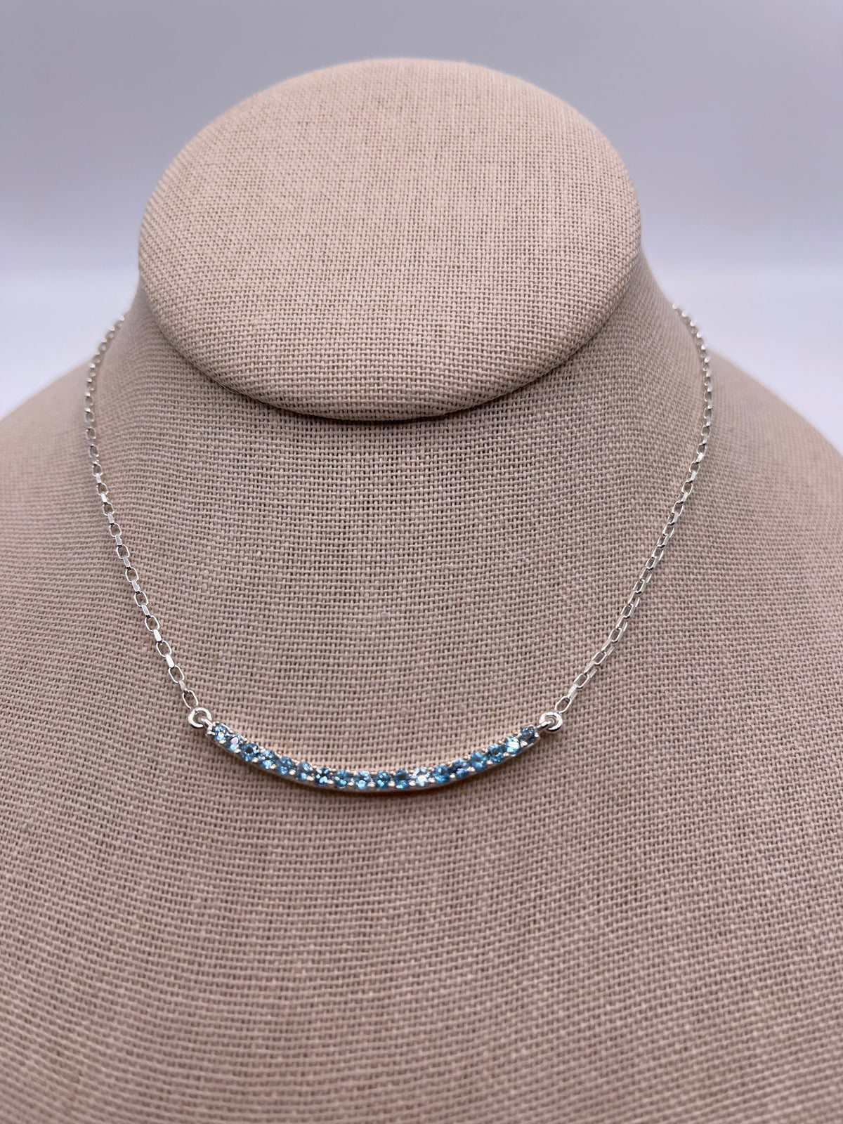 Blue Topaz Curved Bar Necklace Sterling Silver