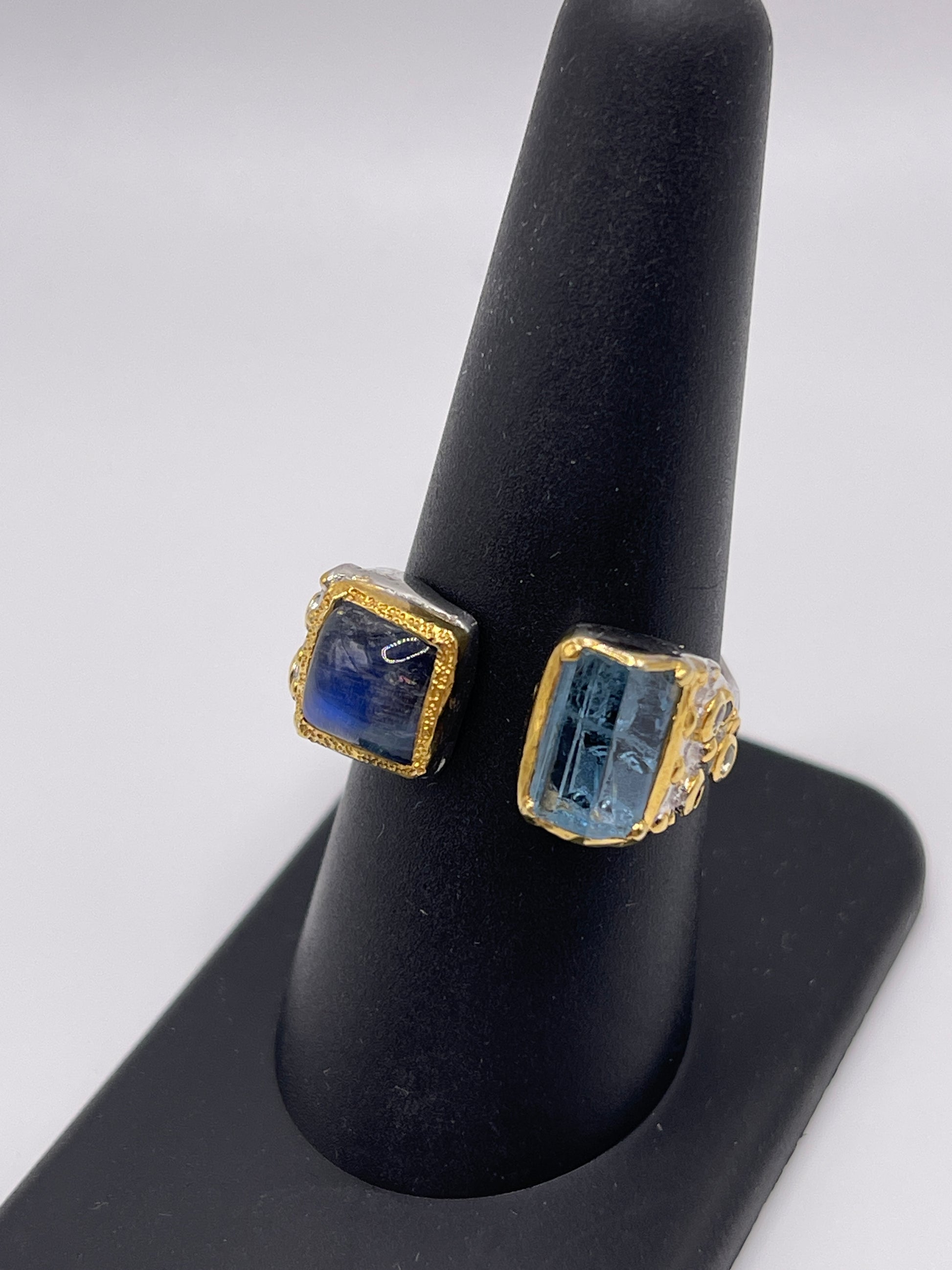 Spectrolite and Aquamarine, Blue Topaz,Blue Sapphire Sterling Silver Vermeil Open Ring Sz8